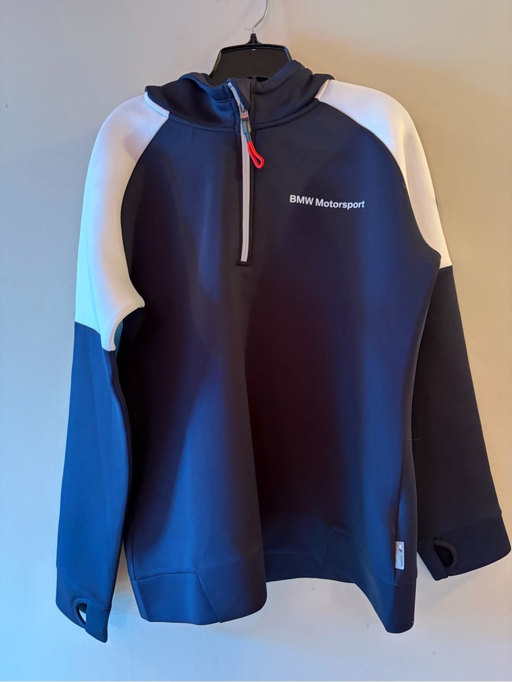 Genuine BMW Motorsport Quarter-Zip Hoodie Neoprene Colorblock Navy Blue, Sz XL.